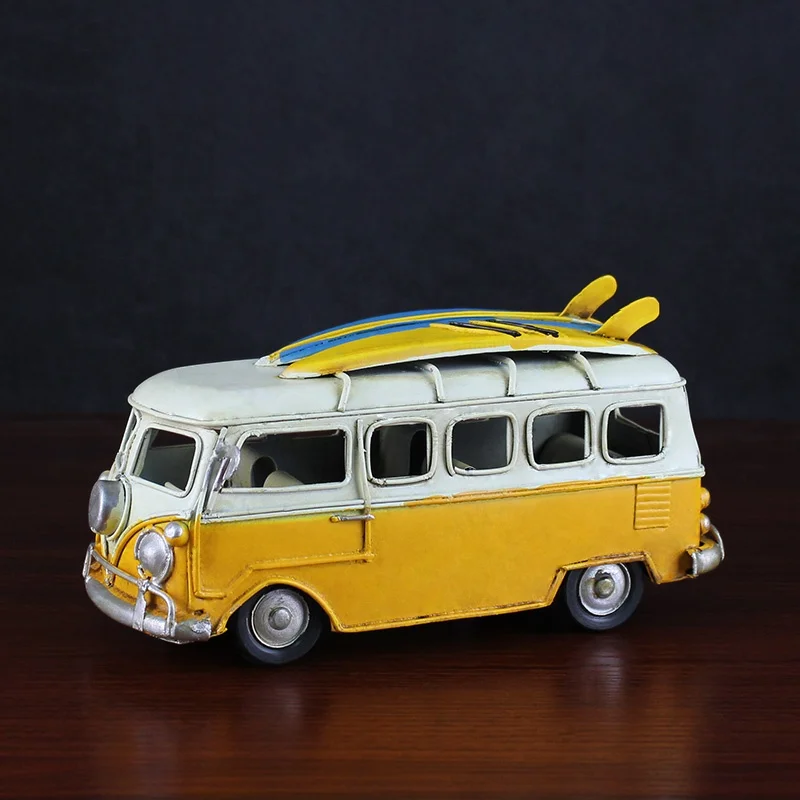 Handmade Metal Crafts European England Vintage Classic Bus Model With Skateboard Gift Home Office Decor
