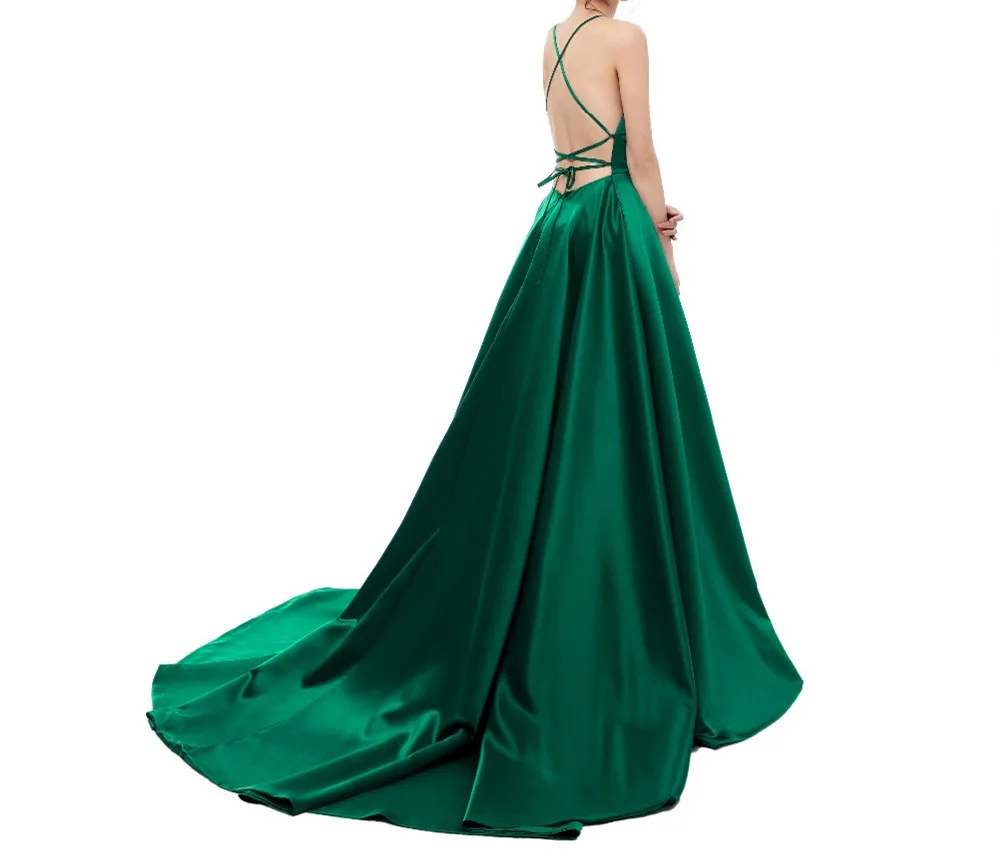 
Formal Satin Pleat Spaghetti Straps Side Split aline floor-length robe de soiree 2018 