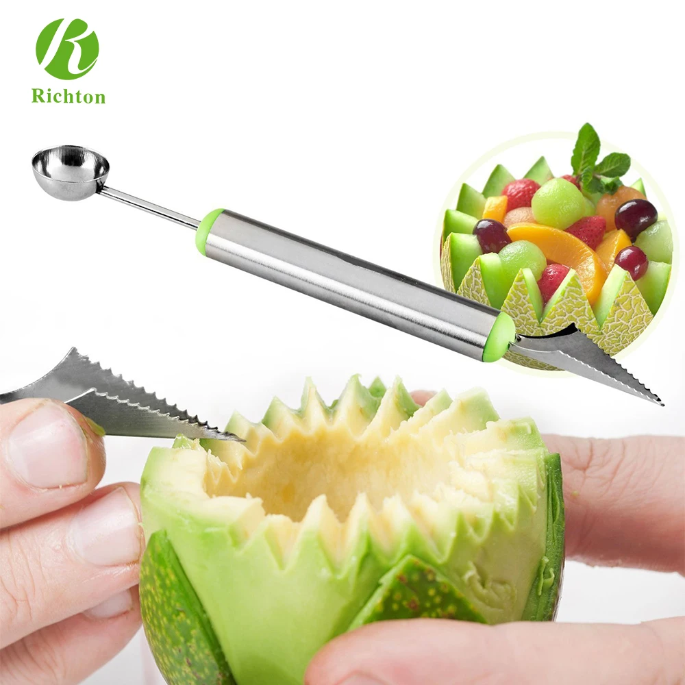 2 in 1 Fruit Carving Tools with Watermelon Slicer melon Baller and Hami Corer