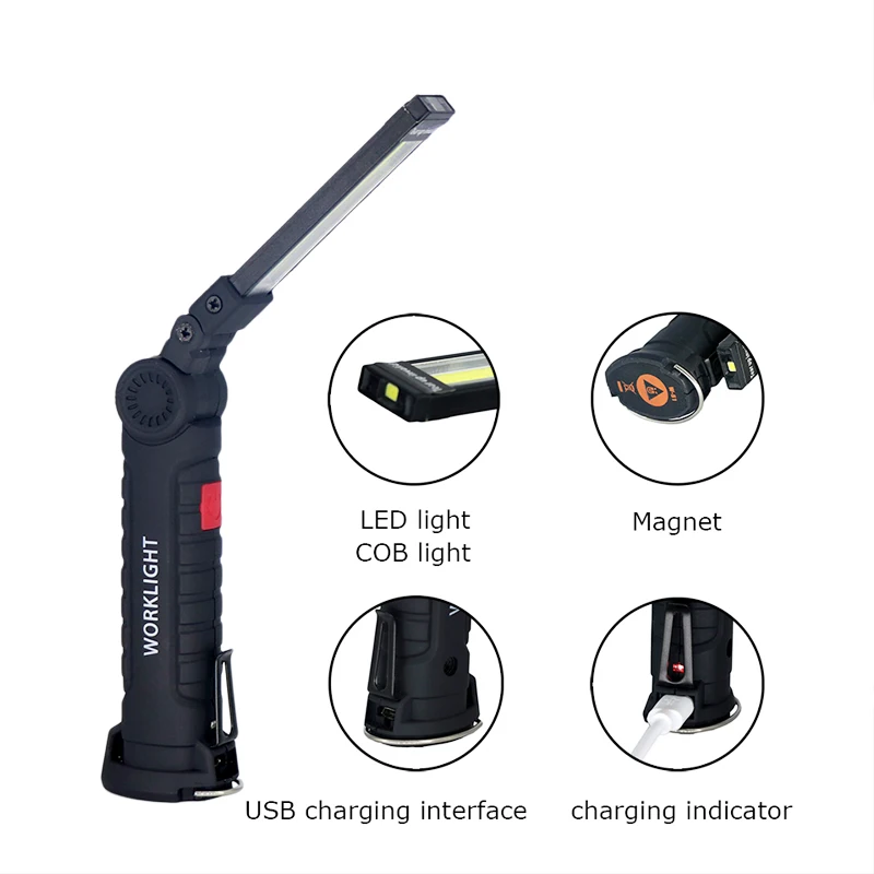 Collapsible COB White & Red Light 360 Degree Rotate Portable Camping Light Rechargeable LED Work Lights with Magnetic Base