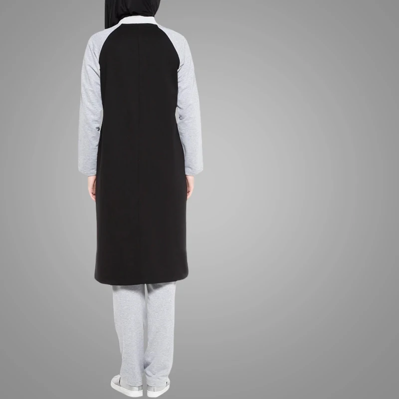 
Latest Muslim Sport Wear Fashion Black And Grey Stitching Color Arab Islamic Clothing Loose Breathable Fabric Tracksuits 