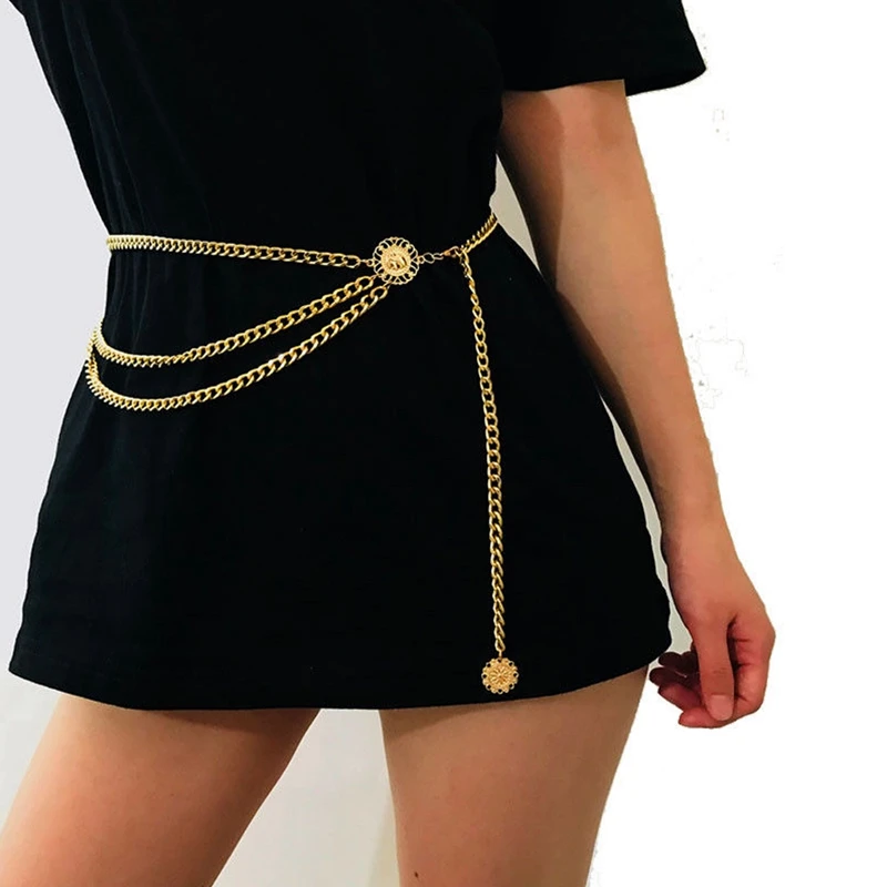 Women Fashion Belt Hip High Waist Gold Narrow Metal Chain Chunky Fringes for dress skirt and coat