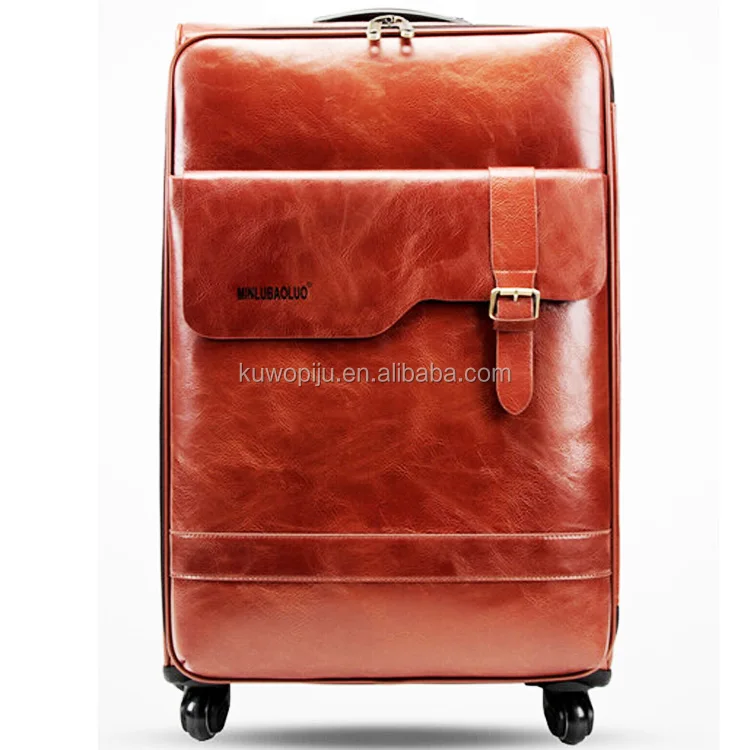 3pc brown leather Rolling Trolley Bag brown leather carry on leather luggage for men