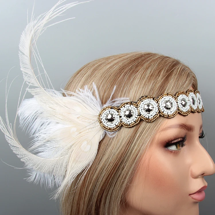 White crystal rhinestones feather headpiece 1920s great gatsby bridal headdress in China