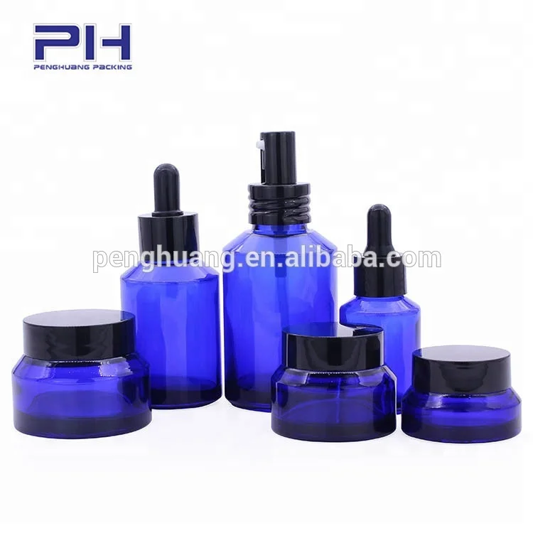 
Slant Cobalt blue cosmetic packing set luxury empty bottle 50g cream glass jar 