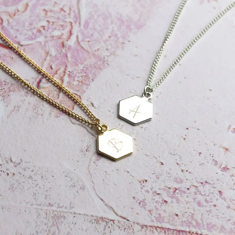 Personalised geometric necklace gold hexagon pendant blank for engrave