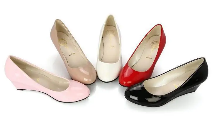 2015 Latest design korean style candy color women shoes round toe high wedge heel fancy formal ladies work shoes