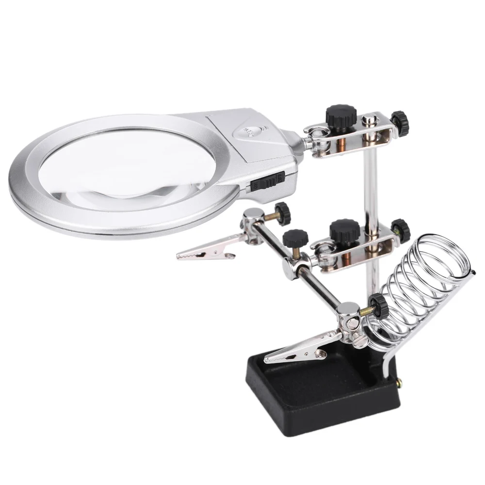 Durable Helping Hands Clamp Clip LED Lights Glass Magnifier With Soldering Stand Tools Best Promotion