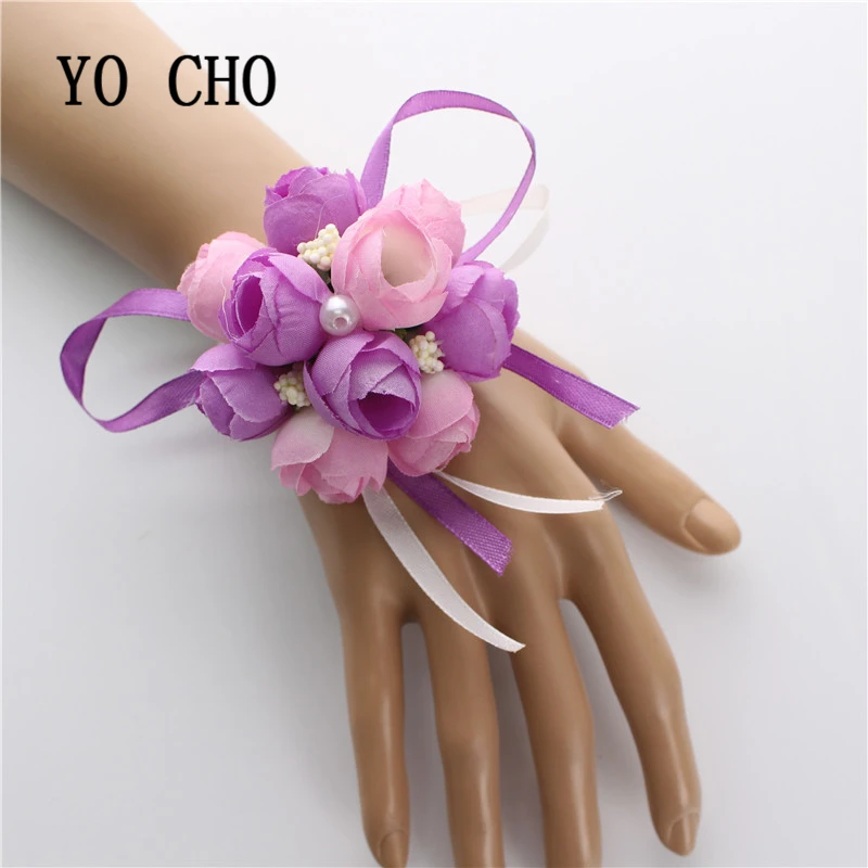 
YO CHO wholesale Christmas decor hand accessories for girls rose lovely bridal bridesmaid party corsage flowers with beige bud 