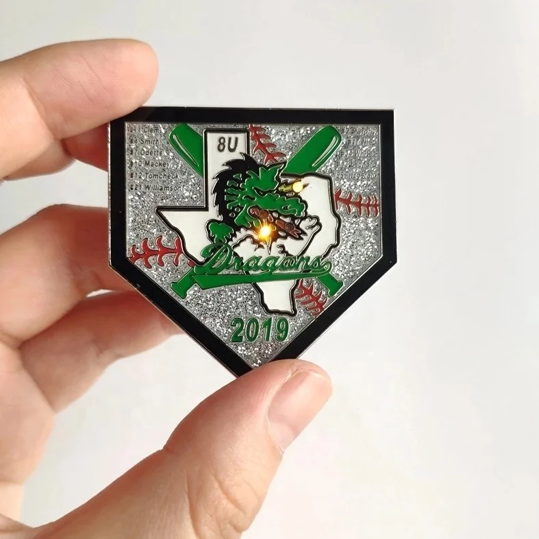custom metal glittering twinkle softball trading pin with led lights