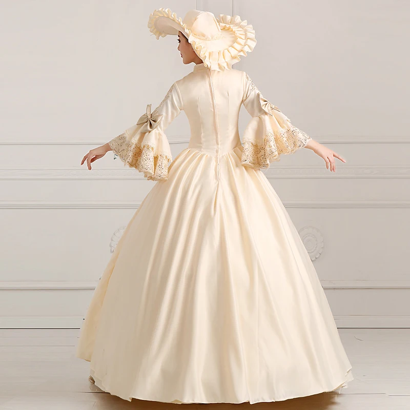 Women Champagne Elegant Lace Bow Satin Long Evening Party Dress Lolita Dress