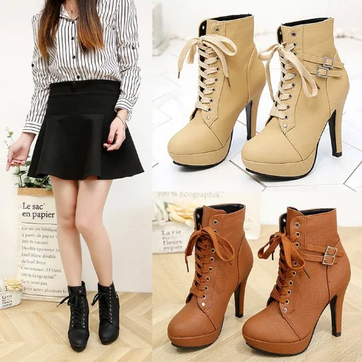 Round toe lace up ankle buckle women boots chunky high heel platform women shoes