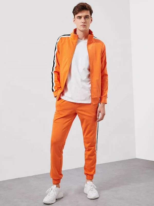 KY School uniforms funnel collar Men Zip Front Pocket Striped track jacket men & jogging Pants Set mens gym apparel gymwear