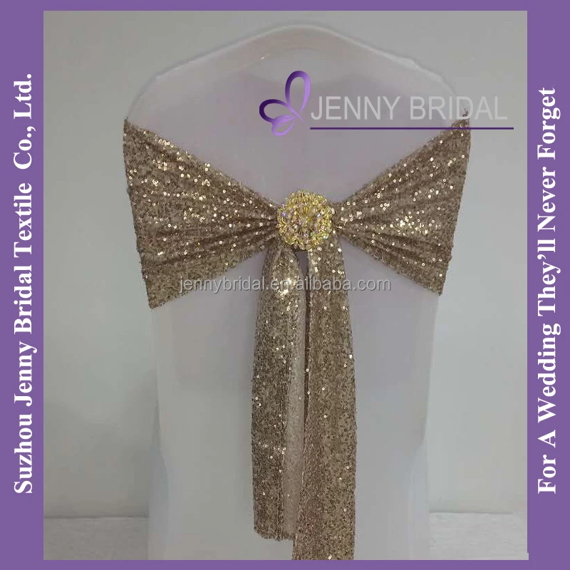 
C433C champagne gold spandex sequin wedding decoration elastic chair sash with buckle 