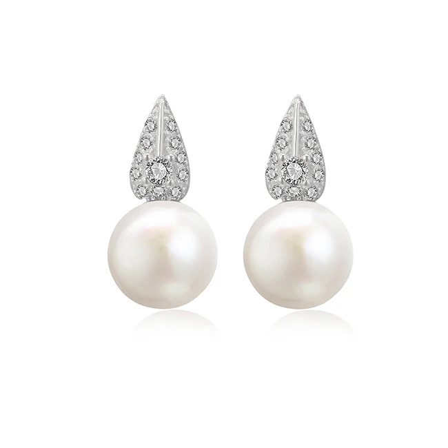 White gold color natural freshwater 925 sterling silver pearl earrings