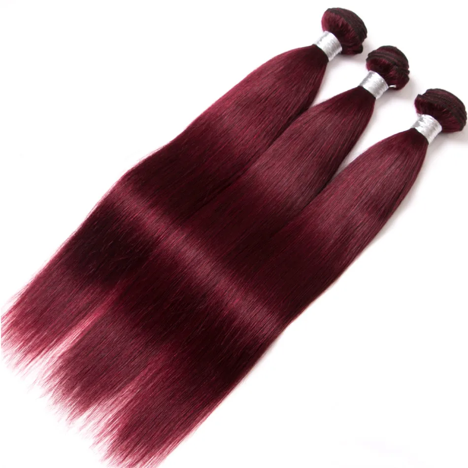 Pre-dyed hair braid wine red human hair bunch 3 Burgundy remy Martin Brazil straight hair lengthens the weft 99j