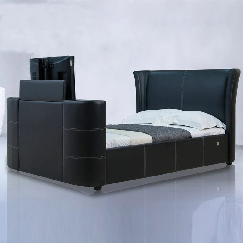 
High Quality Leather Mechanism Bed with TV in Footboard 