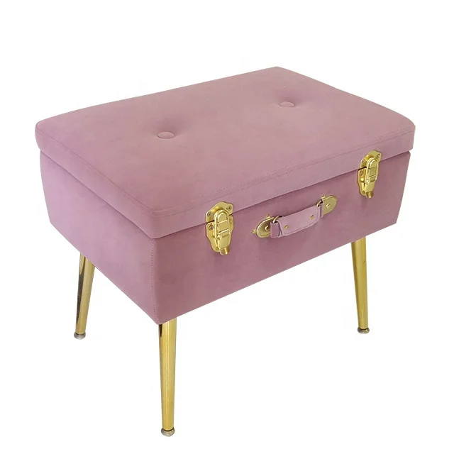 
Pink Velvet Foot Stool Trunk Organizer Ottoman suitcase Storage Stool ottoman 