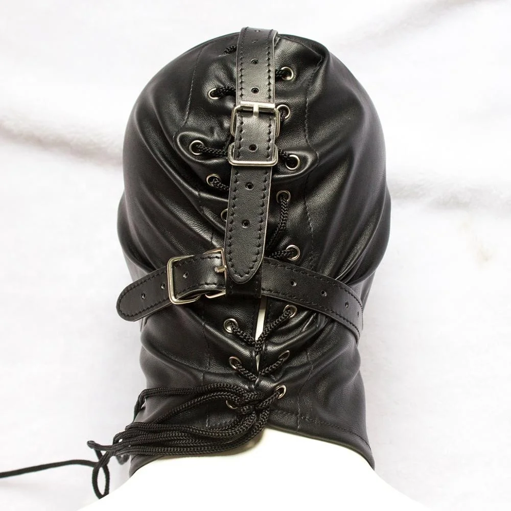 Sex Toys Black Pu Leather Head BDSM Bondage Hood Open Eye Mouth Erotic Couple Flirting Adult Toys Adjustable Mask Cosplay