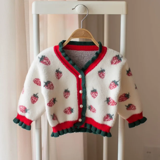 PHB 13178 V collar design fashion strawberry pattern girls crochet cardigan