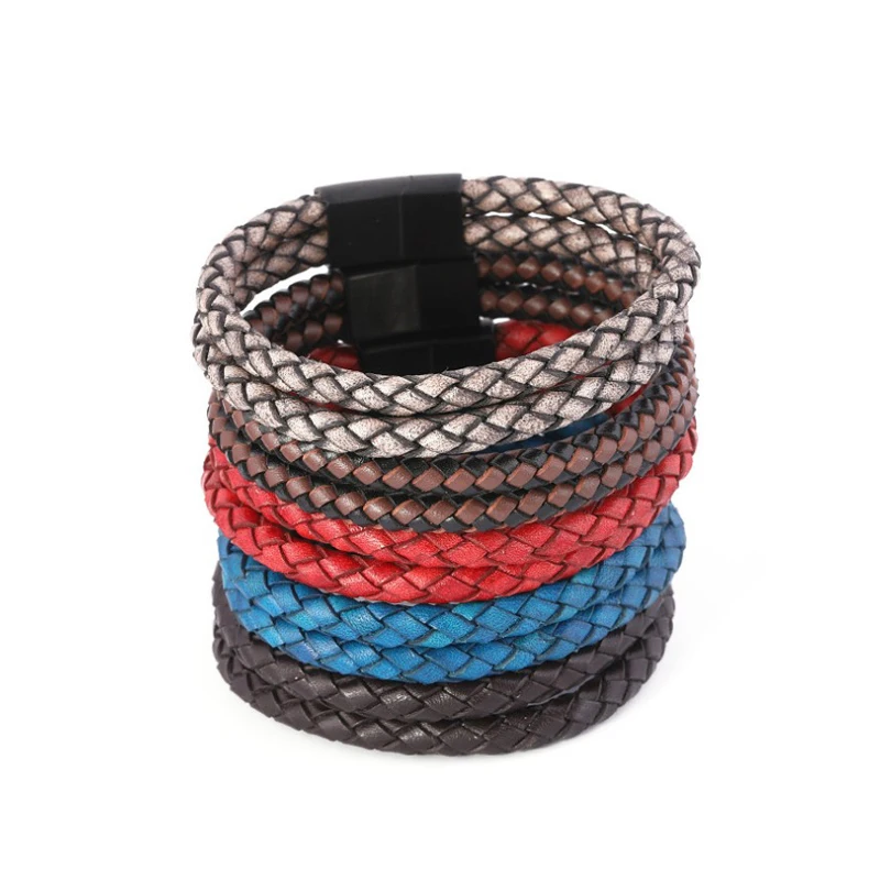Amazon Hot Selling Unisex Top Grain Braided Leather Colorful Vintage Leather Bracelet From Factory