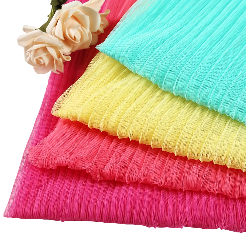 Wholesale fashion high quality  polyester multicolor optional tulle pleated mesh fabric