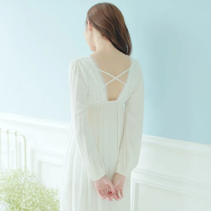 Quiki Autumn Vintage Nightgowns V-neck Ladies Dresses Princess White Sexy Sleepwear Solid Lace Comfortable Nightdress