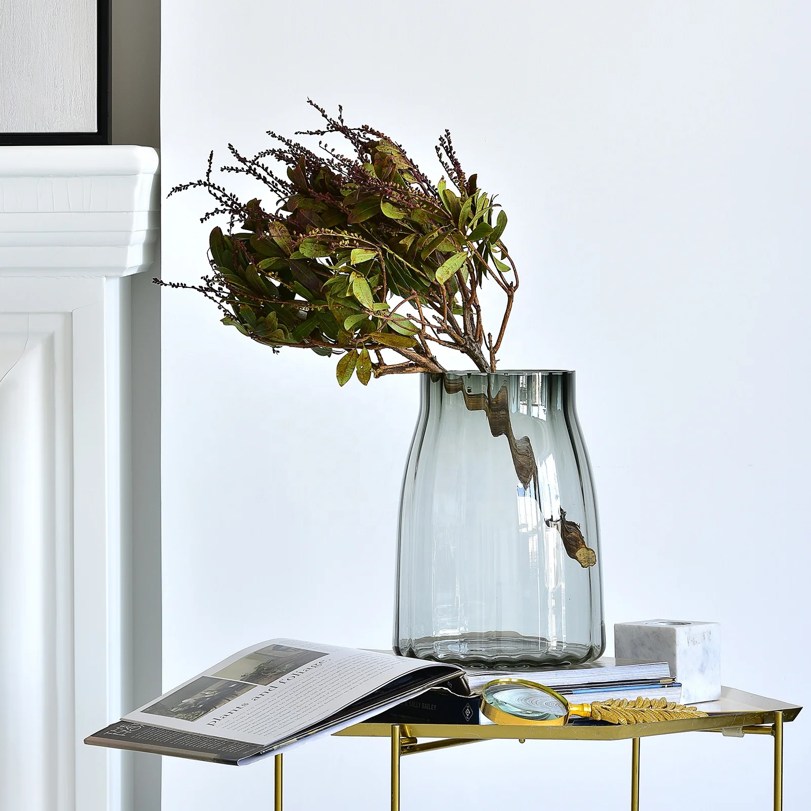 Bixuan Vases Grey Ribbed Handblown Glass Flower Arrangement Jar Vase Candleholder Table Decoration Centerpieces Accent Vases