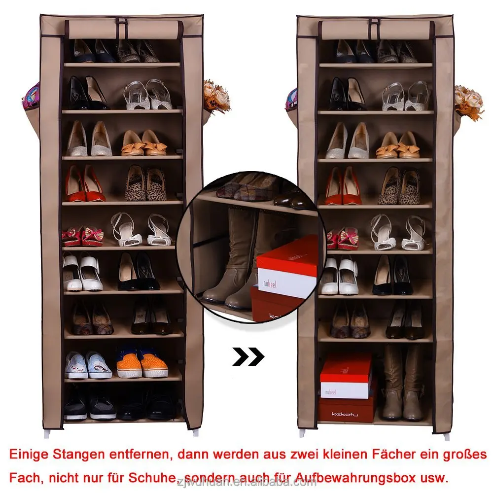 
9 SHELF LIGHT BROWN SHOE RACK STORAGE CABINET WITH ROLL UP PANEL 