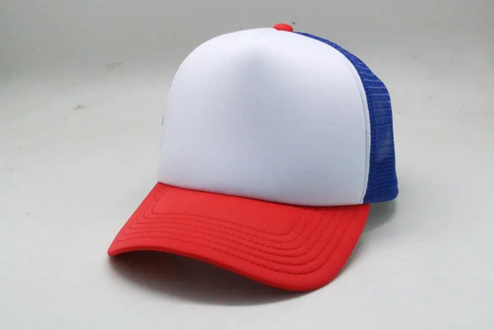 custom foam turcker cap mesh fabric blank design white panel with red brim and blue mesh Snapback Cap