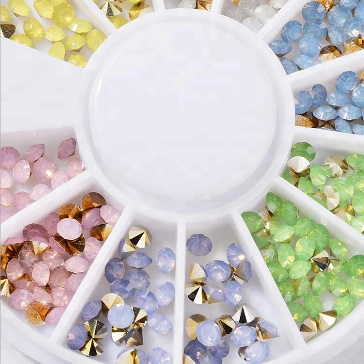 Top Point Crystal Opal Stone Rhinestone 3D Nail Art Designs with 12 Color Mixed Wheel Box for DIY Finger Nail Art