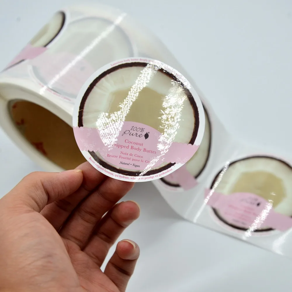 Custom high-end printed cheap label stickers with die-cut uprolled shampoo cosmetics bottles