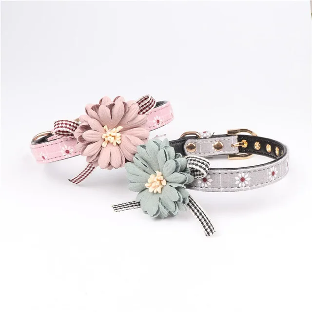 Fashion Big Flower Metal Buckle Pet Custom Dog Collar  Cute PU Dog Cat Collar