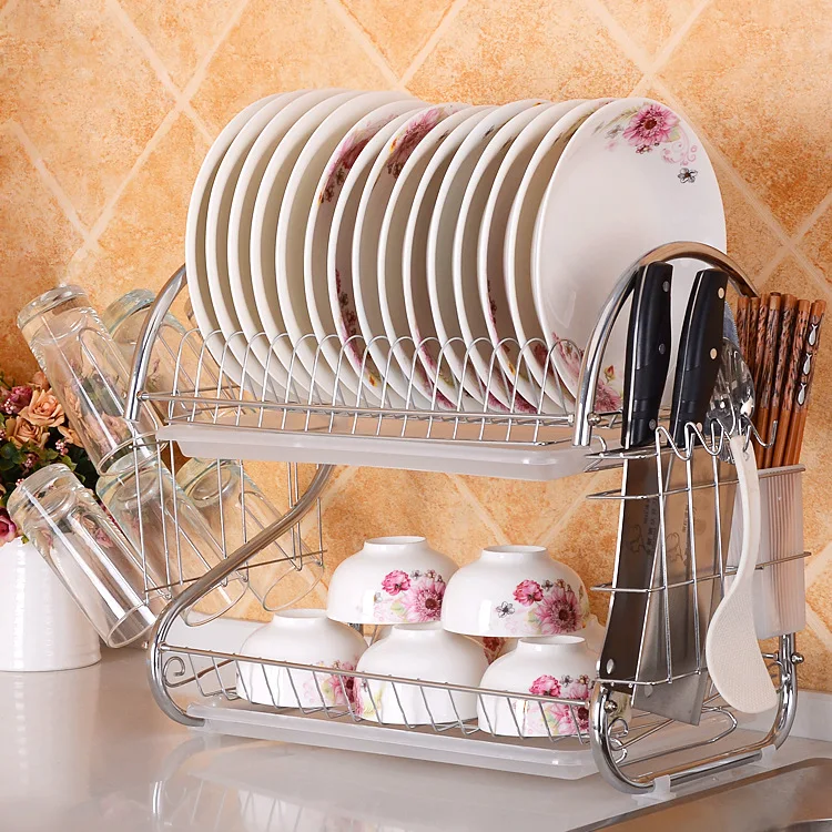 Home Kitchen Storage Rack 2 -Tiers S Type Metal Wire Wesh Drying Dish Rack
