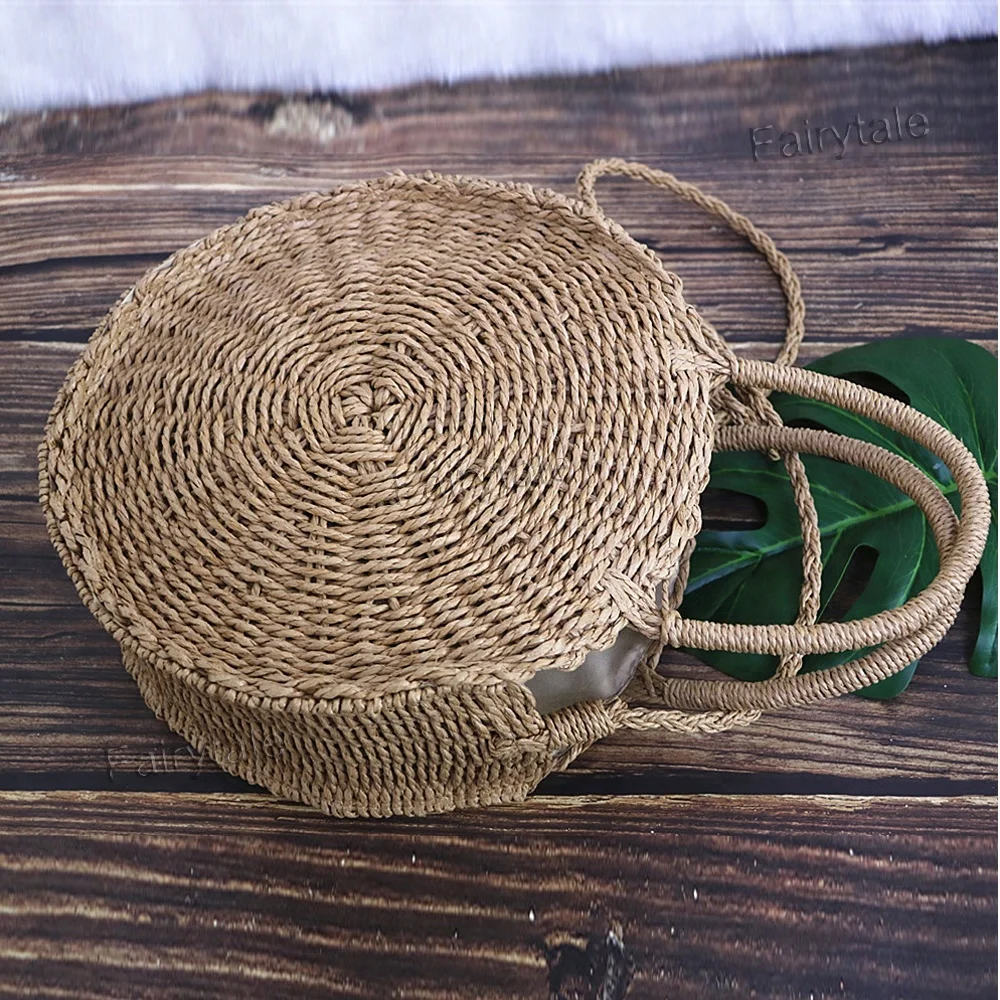 Straw Round Handbag Moroccan Natural Woven Beach Straw Bag