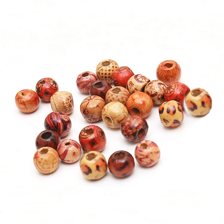 DIY Jewelry Accessories Fashion Printed Flower Large Hole Wood Beads Handmade Wooden Beads
