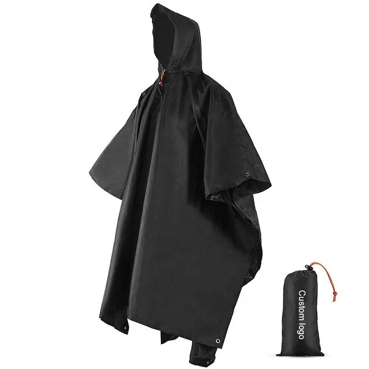 Adult Custom Printed Logo Waterproof Polyester Fabric Reusable Rain Coat Poncho with Hoods and Carry Pouch for Hiking Camping
