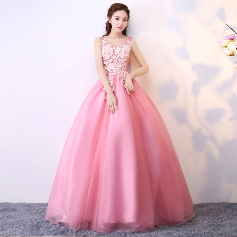 Beautiful V Neck Lace Flower Decoration Floor Length Pearls Flowers Pink Bride Dresses Wedding Gown