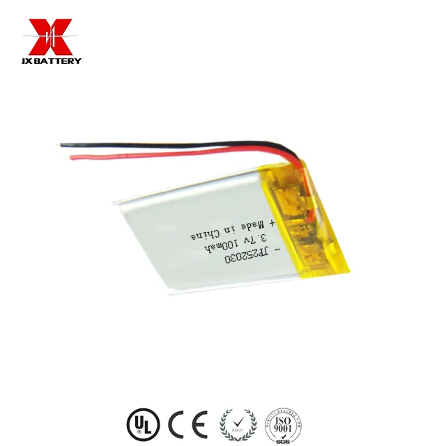 Small MOQ ultra thin rechargeable li-ion battery 252030 2.5mm lipo battery 3.7v 100mah for ID card