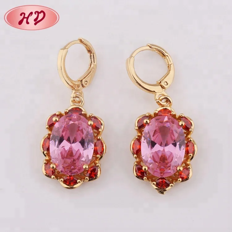 24K Gold Plated Hanging Diamond Earrings With Cubic Zirconia Red Stone