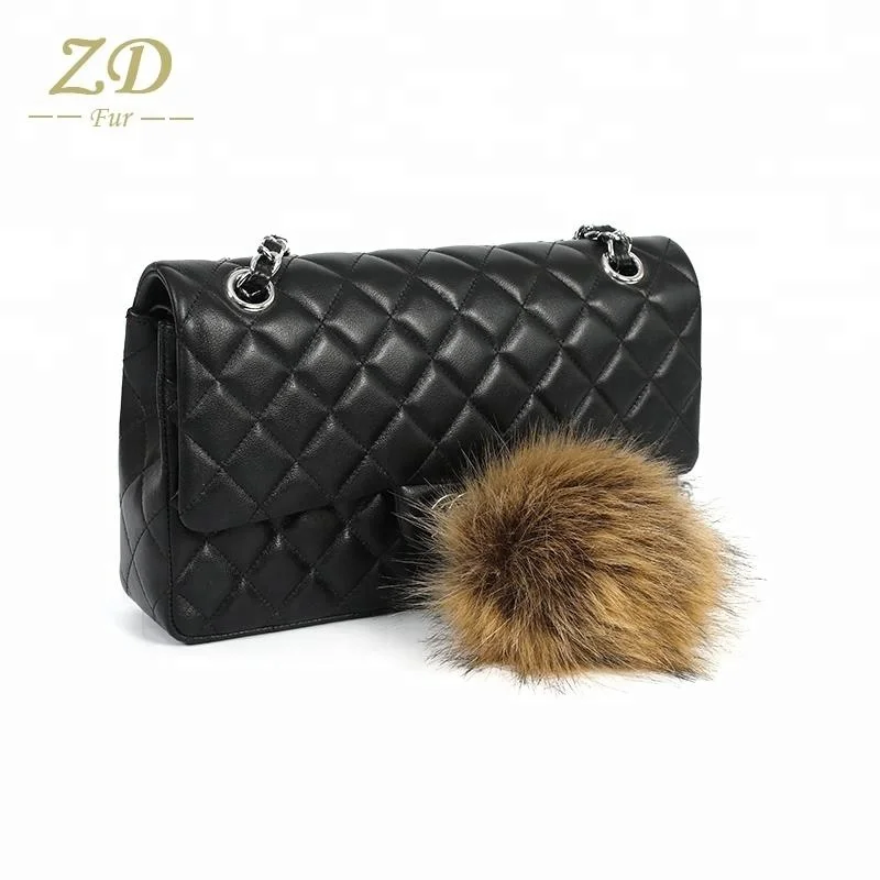 
 Fluffy faux raccoon fur pom poms ball keychain  