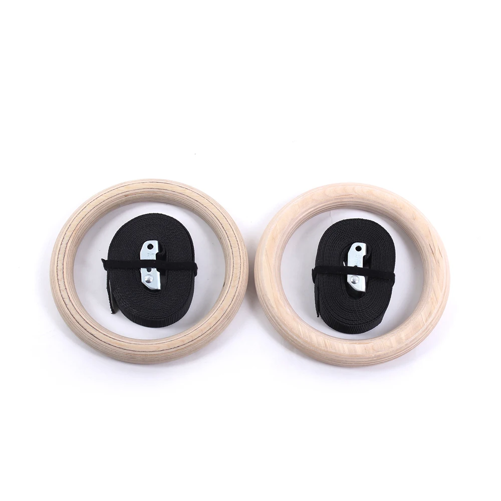 Gym rings with nylon strap in pairs strength training wooden gymnastic rings