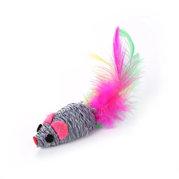 New Cute Small Mouse Wire Wrapping Rat Scratching Cat Toy With Colorful Feather