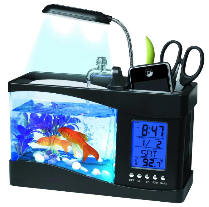 Mini Fish Tank with Water Running LED Pump Light Calendar Clock usb Mini Fish Tank Desktop Electronic Aquarium