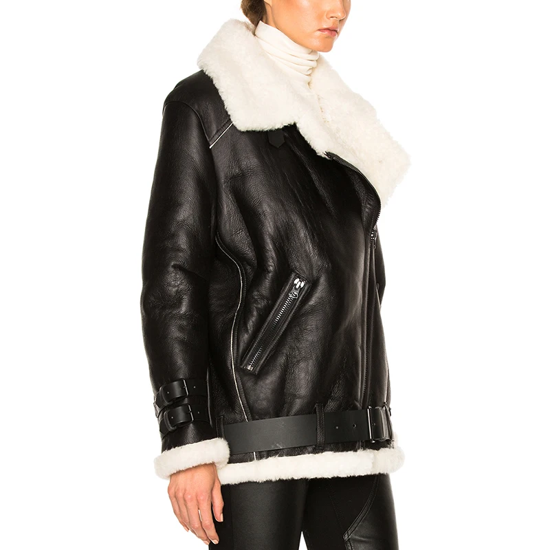 Wholesale Trendy Winter Faux Fur Shearling Coat Fur Lining Women Leather Coat