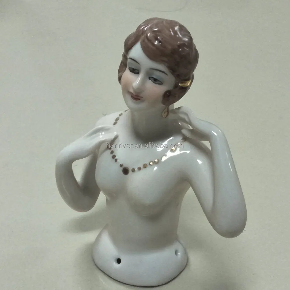 Unique house decotation hand paint white porcelain figurine beauty half doll lady