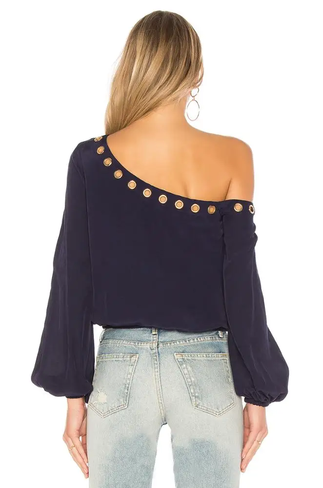 Fahion velvet long sleeve one-shoulder women blouse with hole