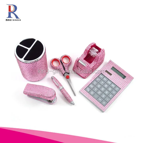 6 Piece Clear Crystal Office Supply Set: Pen Holder, Scissors, Calculator, Pen, Tape Dispenser & Stapler