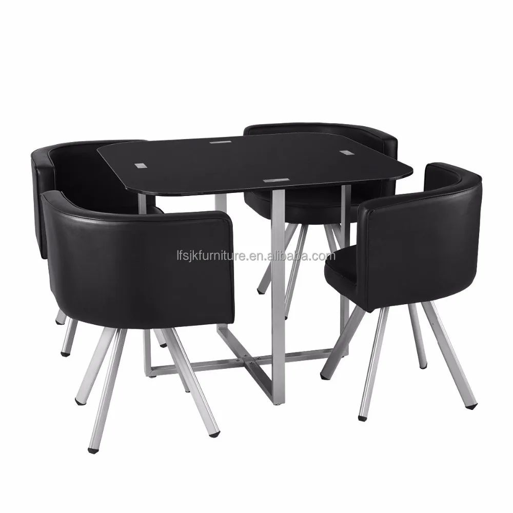 
Dining Table and 4 Chairs Set Round black Tempered Glass Space Saving Dining Room Sets 
