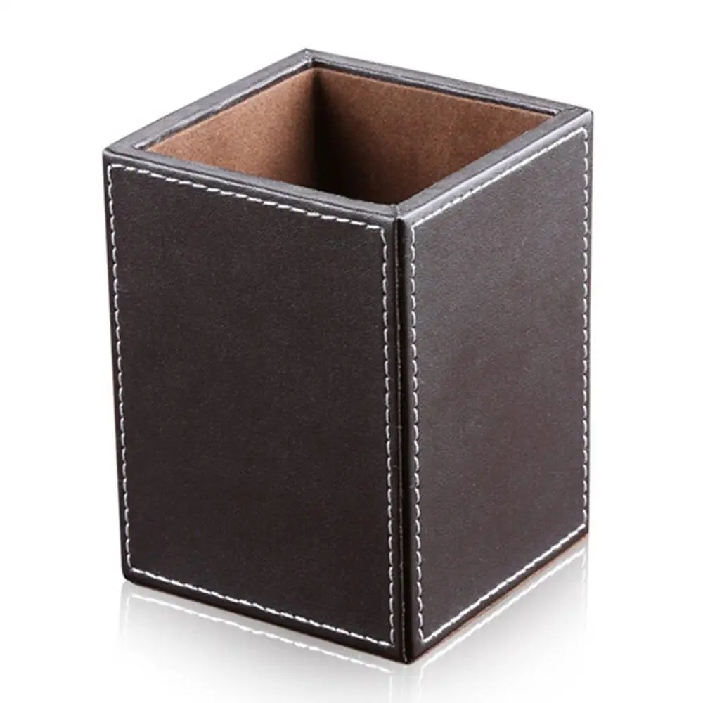 
PU Leather Square Pens Pencils Holder Cup Desktop Stationery Organizer Case Office Accessories Container Box 